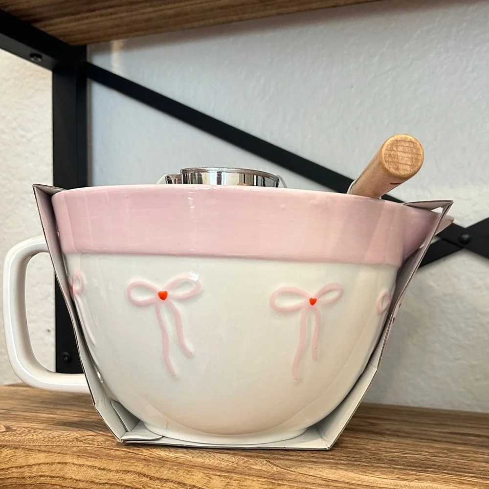 The Bakeshop Bow Ceramic Mixing Bowl Set with spatula, cookie cutters &‎ recipe.